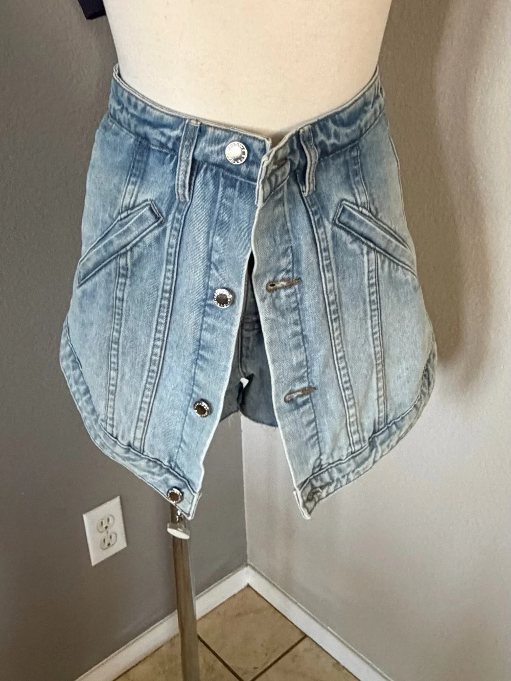 Light Blue Denim Panelled Mini Skirt
